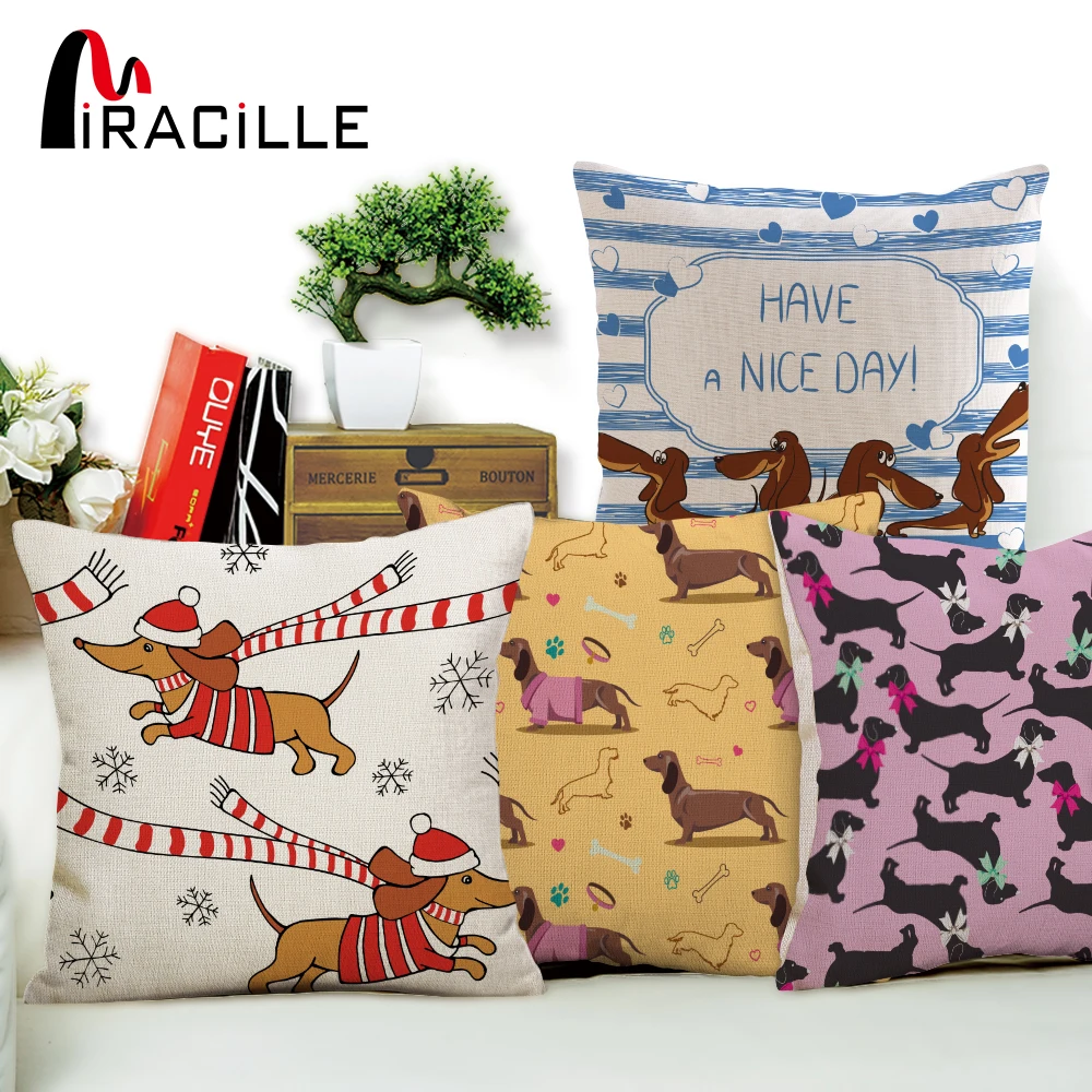 

Miracille Square Dachshund Cushion Cover Dog Printing Linen Throw Pillows for Car Sofa Home Decorative Pillowcase Decoration