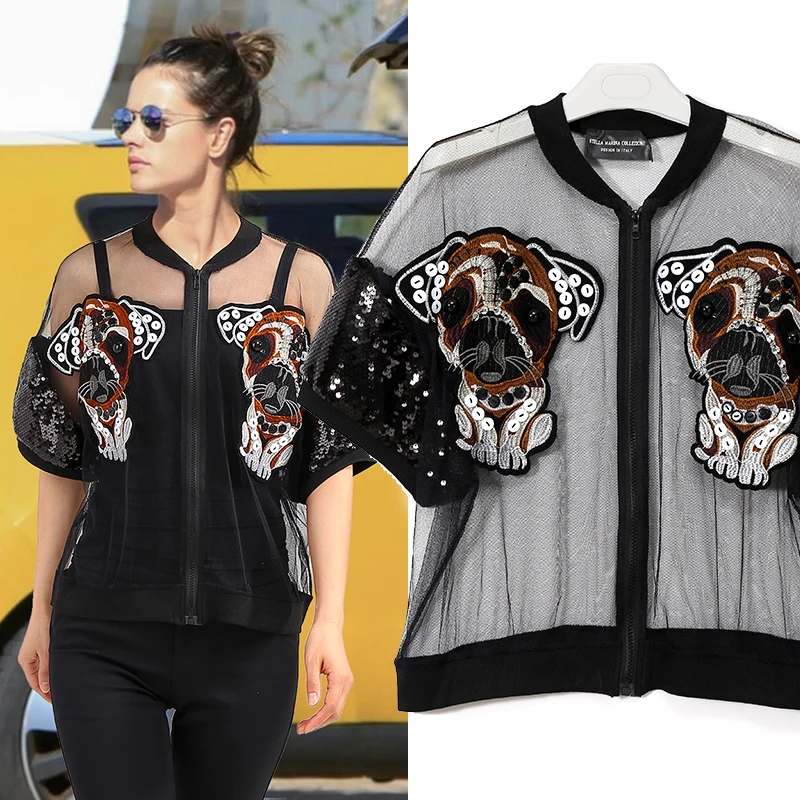 2018 European Women Summer Black Mesh Blouse Half Sleeve With Sequin Zipper Dogs Patch Girls Stylish Shirt Cool Street Wear 3396 |