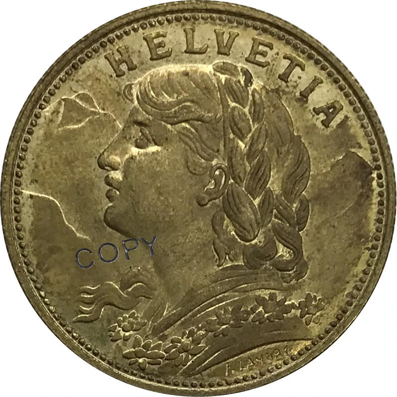 1897 Швейцария 20 Франк Helvetia Золотая монета латунная Коллекционная КОПИЯ
