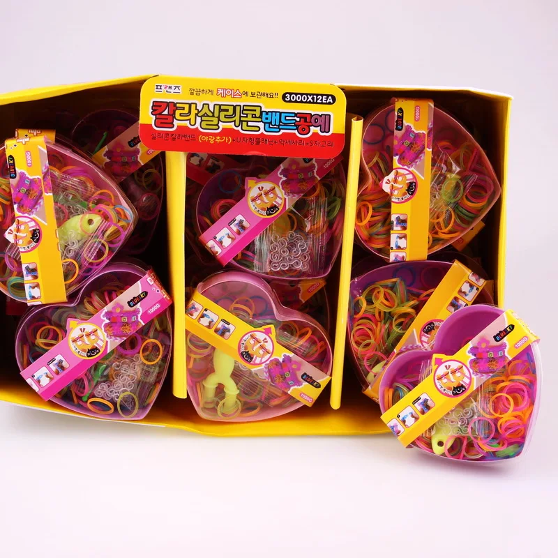 Высокое качество смешивания Цвет резинки установить Fun Loom полосы комплект для DIY Детский браслет, 1 сердце небольшая коробка+ молния+ S-clip+ ткацкий станок