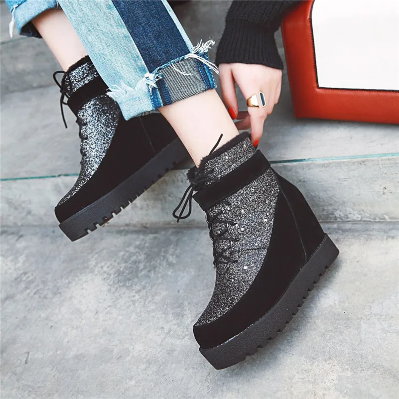 

Meotina Winter Ankle Boots Women Glitter Height Increasing High Heel Short Boots Lace Up Round Toe Shoes Lady Autumn Size 34-43
