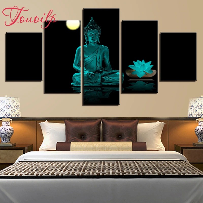 

5D DIY Full Square&round 5pcs Buddha lotus moon 5d Diamond Painting Combination diamond Embroidery Mosaic Home Decor painting
