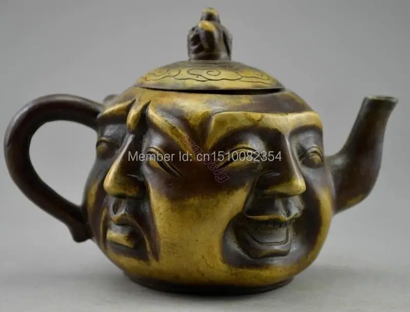 Коллекционные старые ручные медные карвенные 4 слойные статуи Будды чайник в