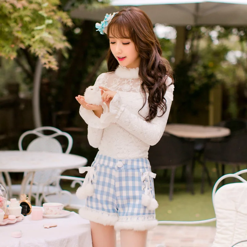 Голубые кашемировые шорты в стиле принцессы сладкой Лолиты милый помпон бледно