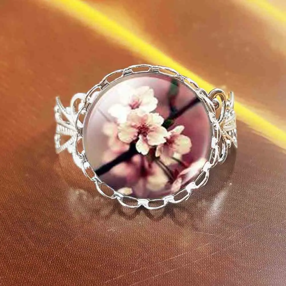 

QiYuFang Glass Cabochon Jewelry Ring Vintage Flower Art Picture Glass Ring Stud Rings Women steel Color Jewelry