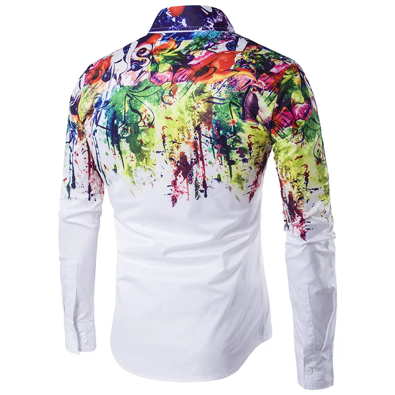 Brand Slim Long Sleeve Shirt Men 2019 Fashion Splash Ink Print Tuxedo Dress Party Wedding Prom Male Shirts Chemise Homme | Мужская