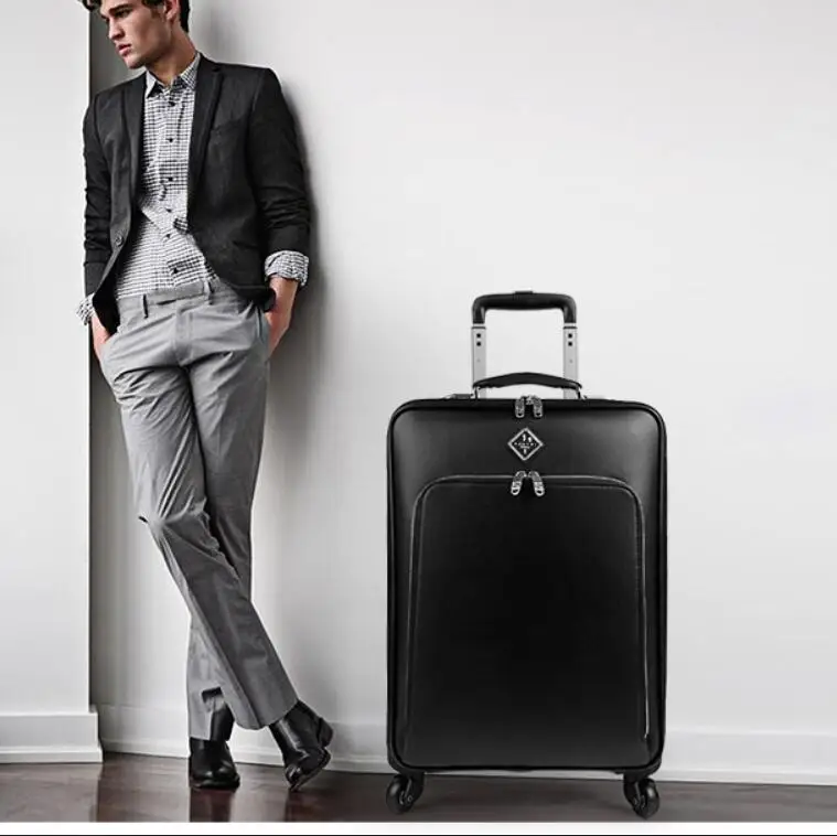 black Carrylove 1" 20" 2" 24" кожаная тележка koffer багажная сумка для путешествий с колесами - Цвет: black