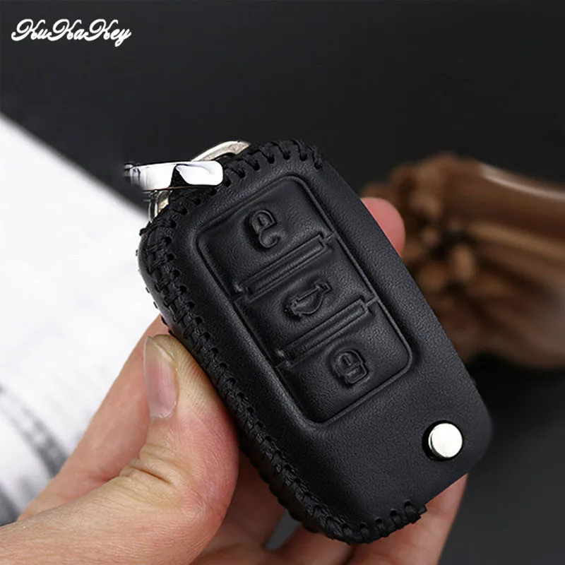 Кожаный чехол для автомобильного ключа VW с 3 кнопками Volkswagen Bora Beetle Golf Polo Passat Remote Flip