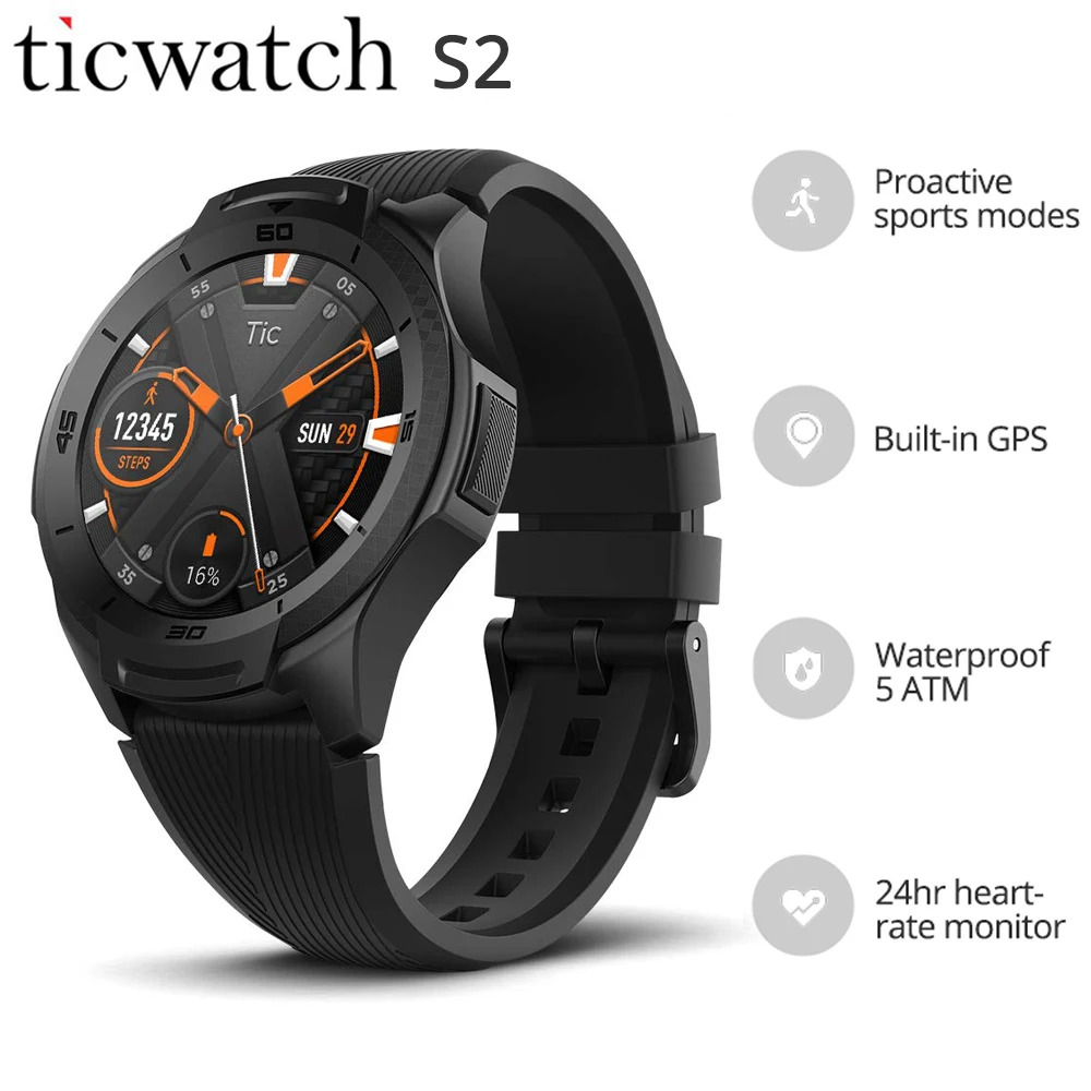 Ticwatch S2 Смарт часы Встроенный gps часы мужские 5ATM водонепроницаемый носить ОС Google 24hr монитор сердечного ритма несколько циферблатов часы