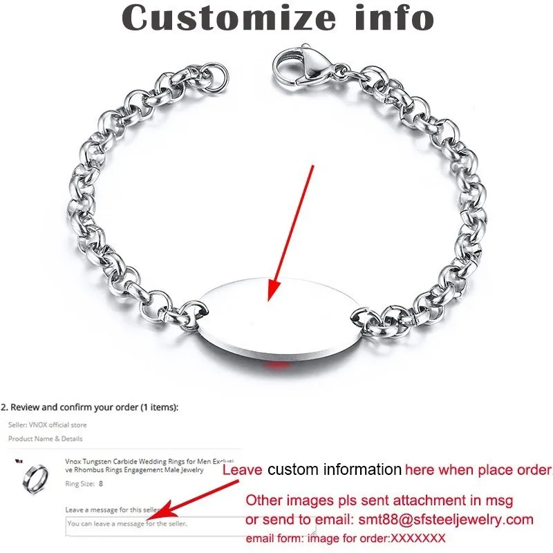 Custom Info Vnox, 1 тип, медицинские браслеты для диабета, для женщин и мужчин, гравировка, нержавеющая сталь, ID тег, кабельная цепочка, ювелирные изделия - Окраска металла: Custom Info