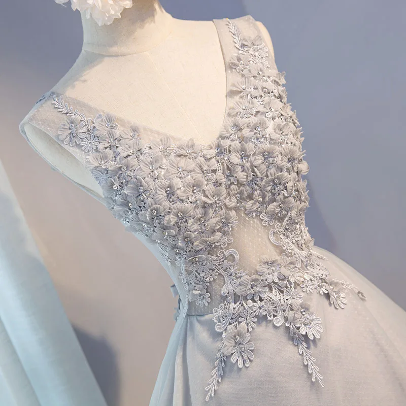 Серый v-образным вырезом Бисероплетение Кружева Vestidos De Festa цветы трапециевидной