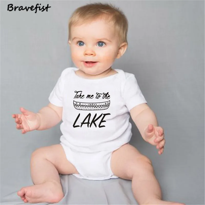Trajes de verano para beb&eacute;s, monos de manga corta para reci&eacute;n nacidos de 0 a 24 meses, ropa para ni&ntilde;os, trajes de cuello redondo para el sol, con letras "TAKE ME TO THE LAKE"-2
