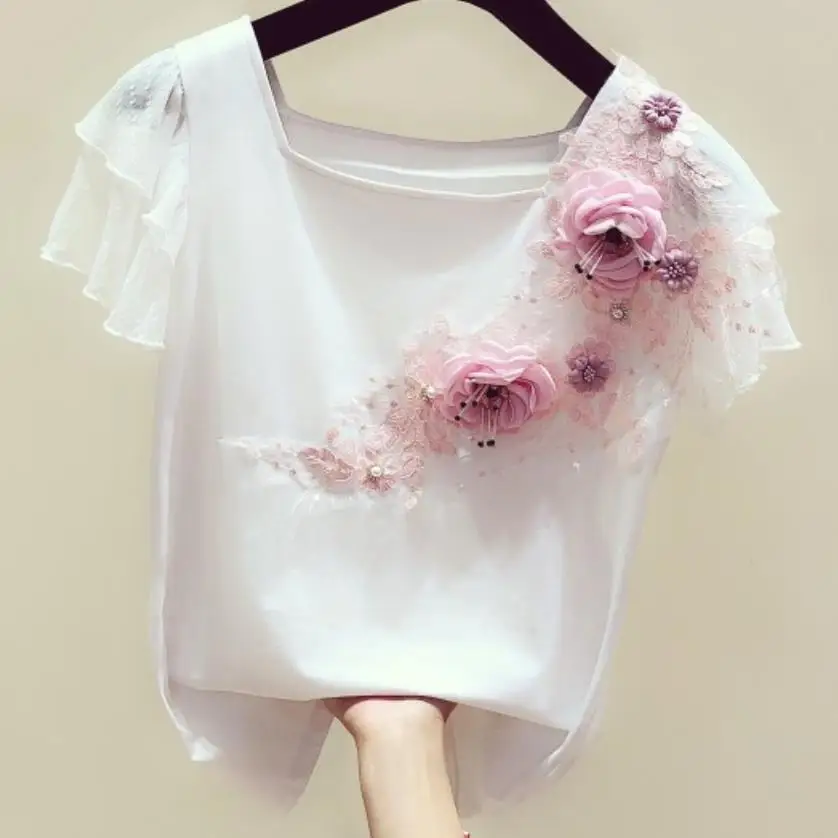 

Lace stitching T-shirt women three-dimensional flower butterfly sleeve square collar 2022 summer top tees