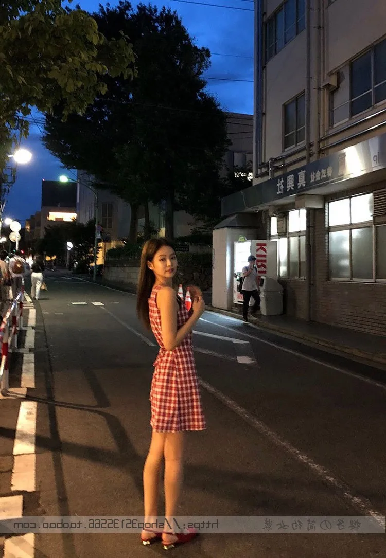 Kpop BLACKPINK JENNIE уличная мода красное клетчатое летнее платье женское корейское элегантное платье женские сексуальные платья kawaii одежда