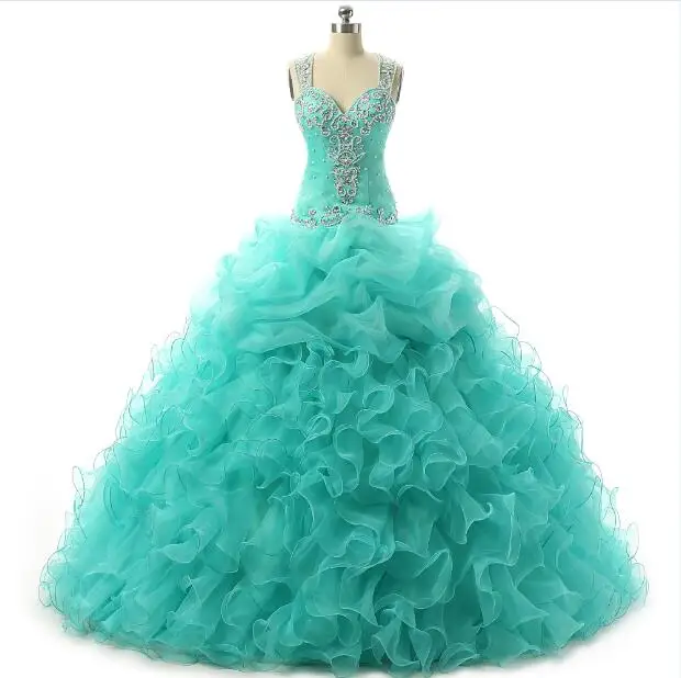 Реальные фотографии милое платье на тонких бретельках Quinceanera мятно-зеленое