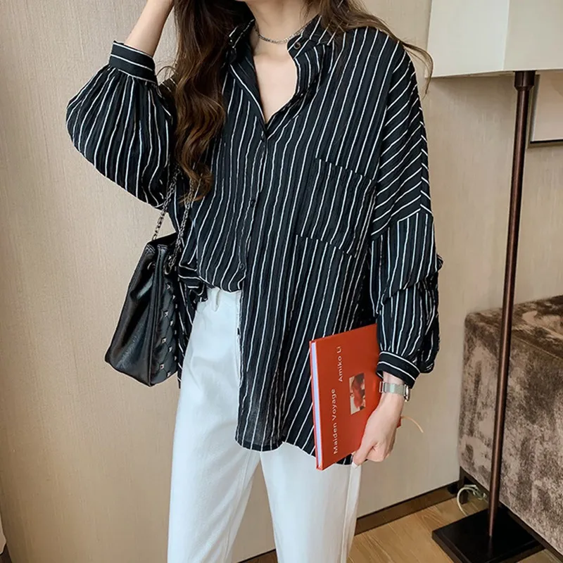

Female Clothing Women Loose Bf Wind Striped Shirt Wild Single-breasted Lapel Long-sleeved Shirt