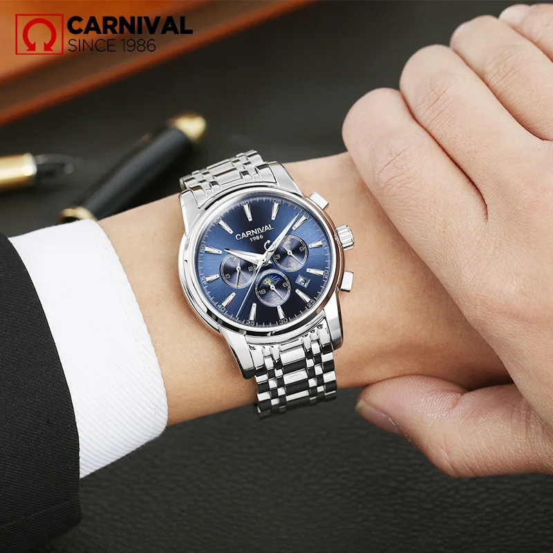 Часы Carnival Moon Phase Мужские механические автоматические светящиеся