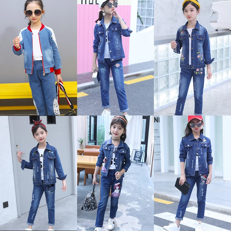 Детская одежда для девочек джинсовая рубашка с синими джинсами комплекты из 2