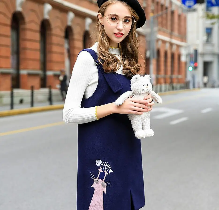 VIHKLC 2017 new fashion Spring Autumn Dress Women high quality loose wool embroidery Hairy Strap dress plus size FC58 | Женская одежда