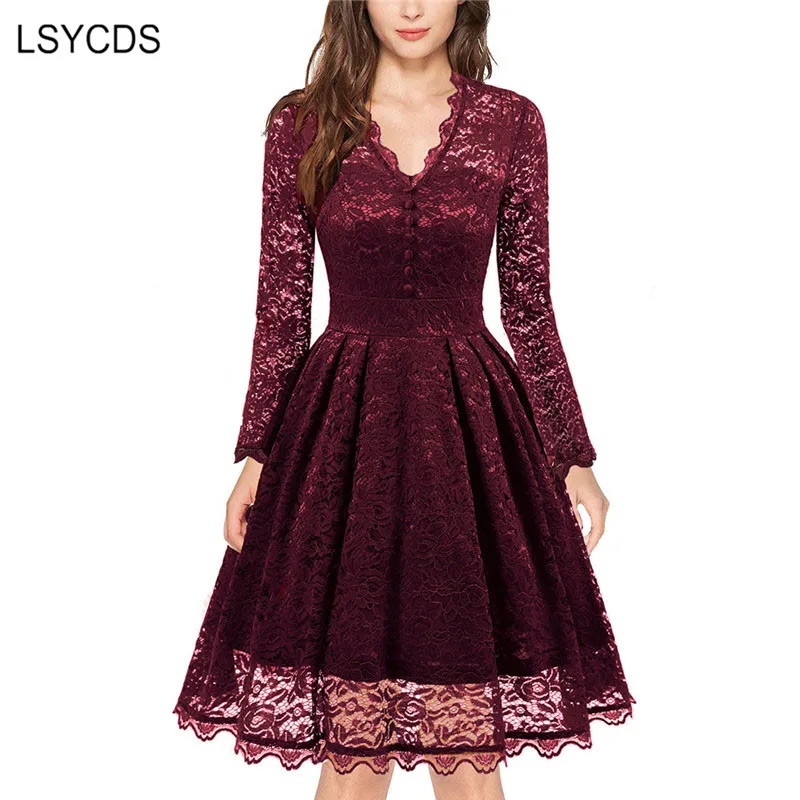 LSYCDS Lace Vintage Dress Women Long Sleeve V Neck Elegant Ladies Rockabilly Vestidos Winter Casual Office Party for Woman | Женская