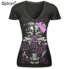 Футболка женская с коротким рукавом, модная Повседневная рубашка с буквенным принтом черепа, с V-образным вырезом, лето