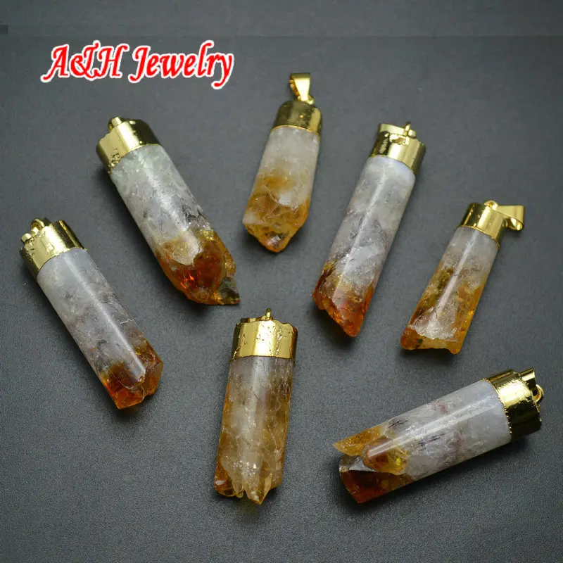 

5pcs Natural Yellow Crystal Cylinder Shape Pendant Gold Color Fashion Women Jewelry