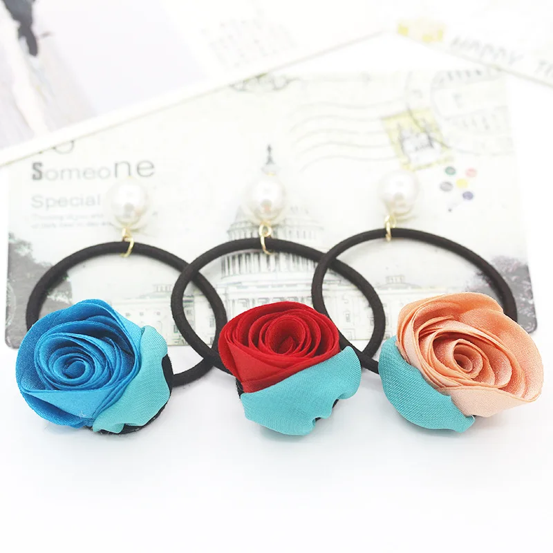 

5 Colors Cloth Rose Flower Light Blue Leaf White Simulated Pearl Elastic Hair Bands Women Ponytail Holder Headwear