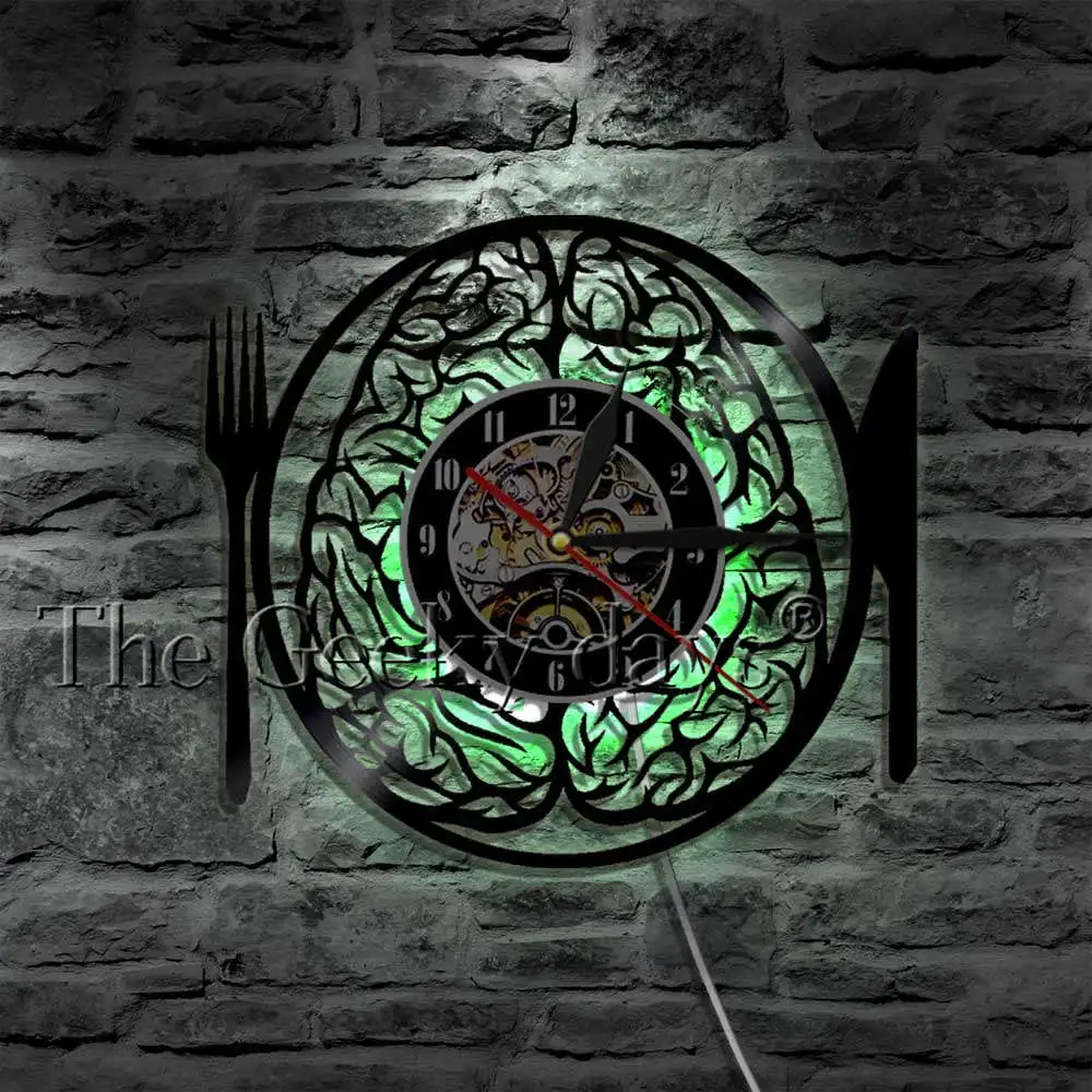 Настенные 3d часы с виниловой пластиной и вилкой не съешь мой мозг|Настенные часы|
