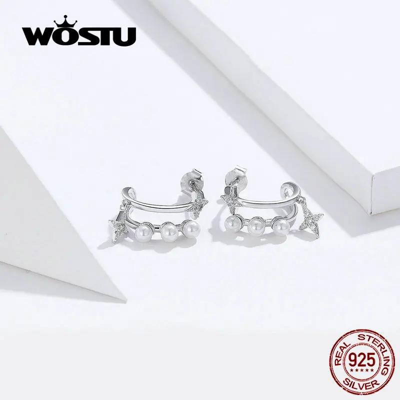 WOSTU S925 яркие циркониевые серьги, оригинальные настоящие 925 пробы, серебряные классические глянцевые жемчужные Двойные серьги, ювелирное изделие CTE183