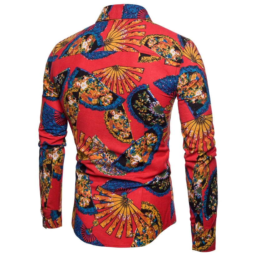 Новая мода Для мужчин рубашки Slim Fit печати льняная рубашка с длинным рукавом