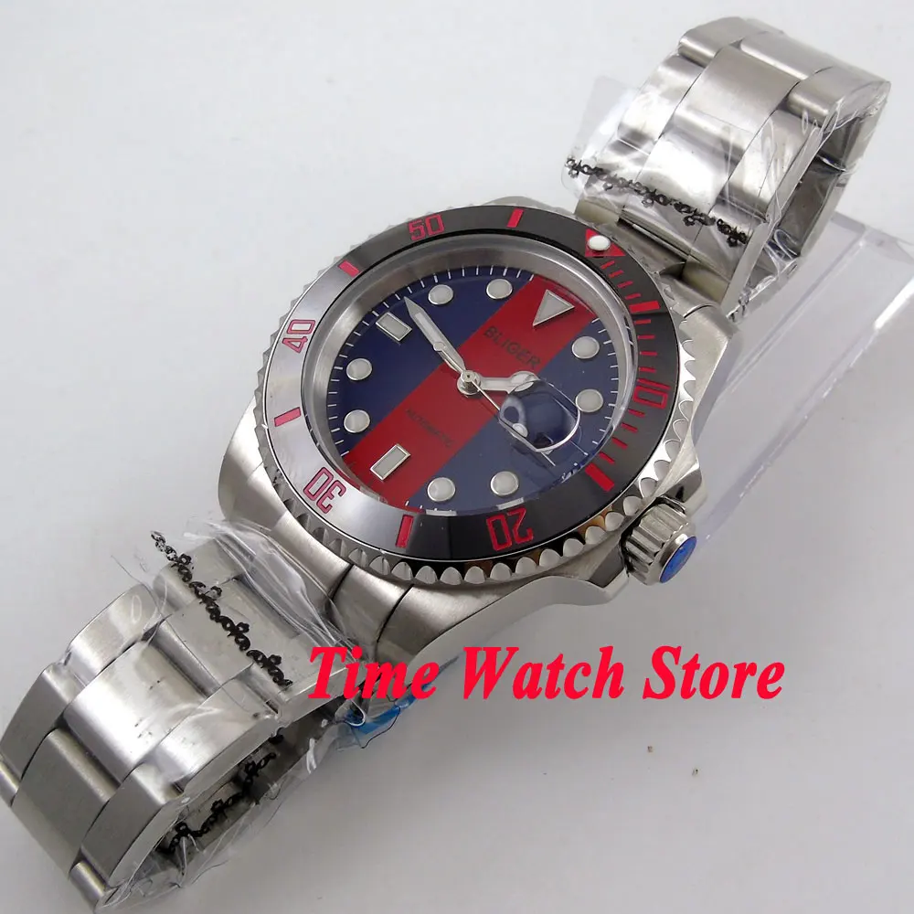 Bliger 40 мм сине-красный циферблат светящийся стеклянный керамический ободок