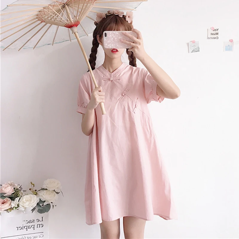 

Spring Women's 2019 New Japanese Sweet Loose Short Sleeve Student Dress Fresh And Lovely V-neck Dress