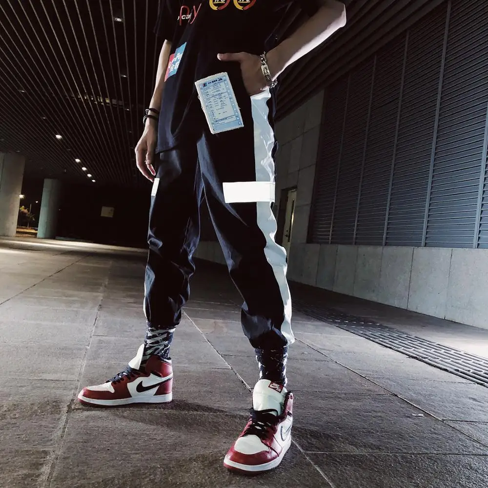 Летние мужские спортивные штаны легкие с зеркальной лентой уличные брюки в стиле