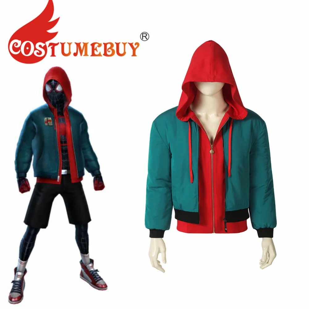 Costumebuy Человека-паука в Spider-текстами и сюжетами из миль Моралес костюм для косплея пиджак стоимость супергероя миль верхняя одежда, куртка пальто L920