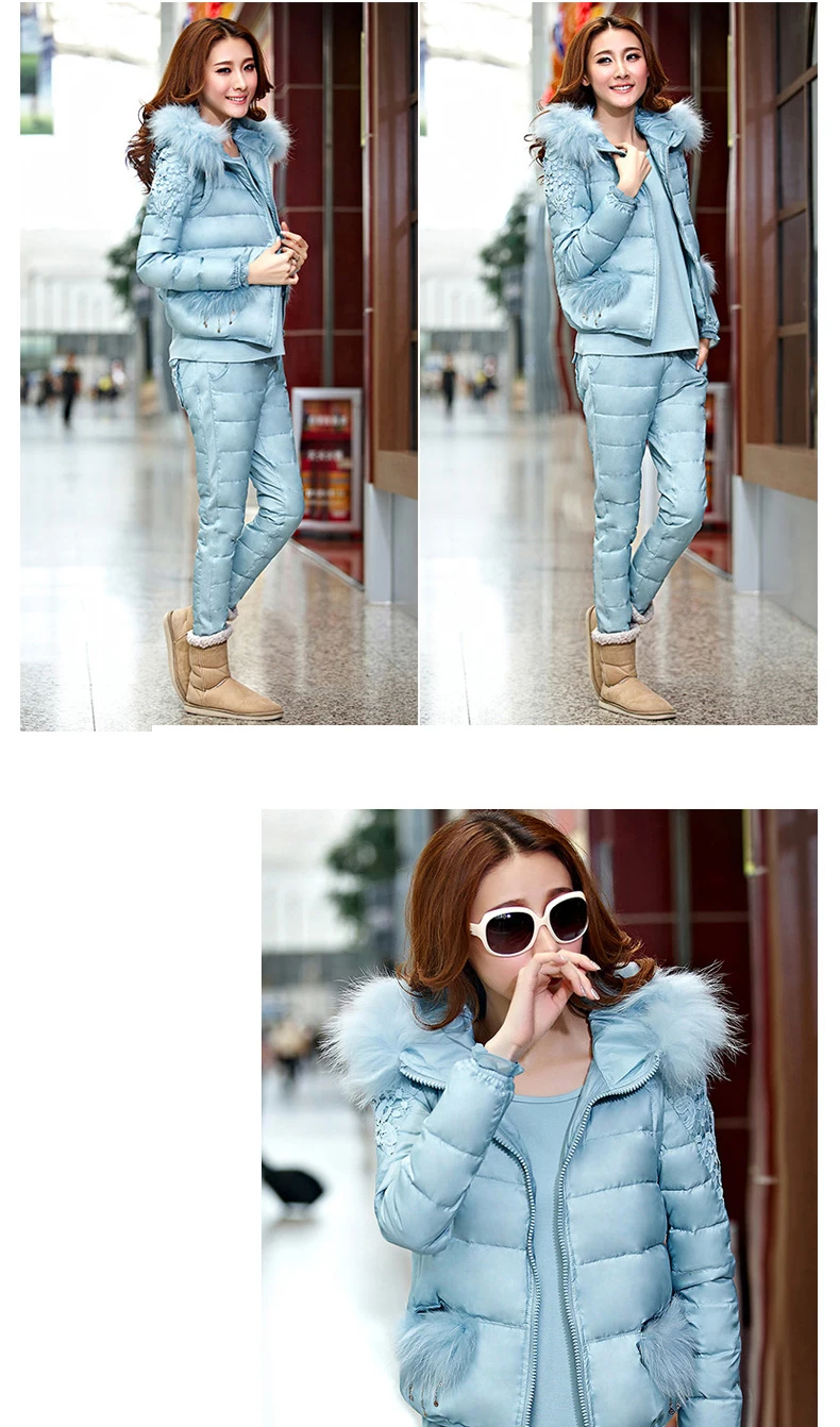 Женский хлопковый пуховик с капюшоном куртка + жилет брюки зимний меховым