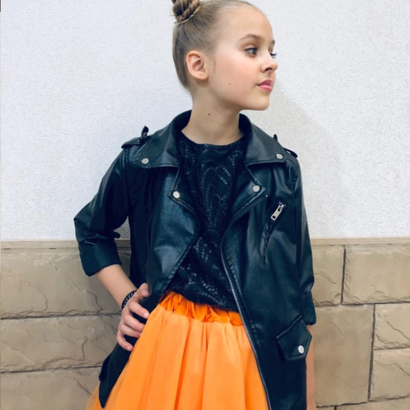 4-13 years old girls faux leather jacket pu coat Long Sleeve Zip Belt Locomotive Jacket 2 color hot versatile Europe and America | Детская