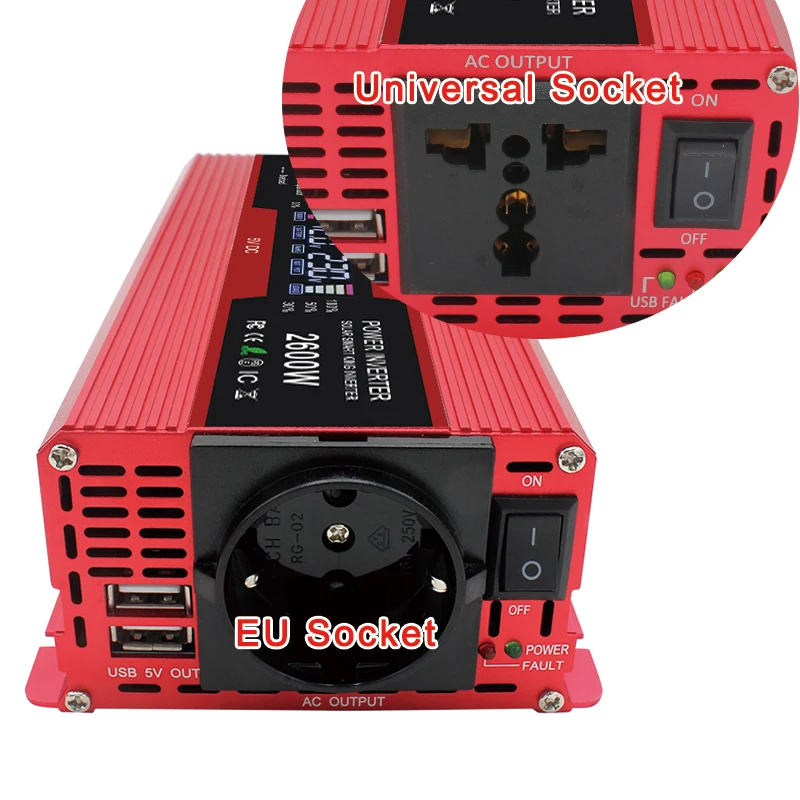 

2600W Car Power Inverter DC 12V to AC 220V 230V 240V LCD Voltage Display Converter Dual USB Charging EU Universal Socket