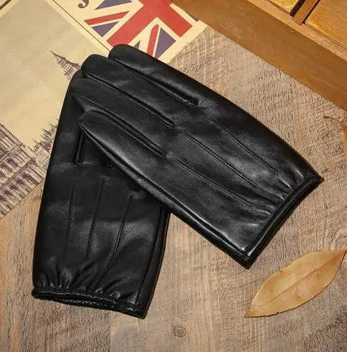 black thicken Мужские перчатки с подкладкой из плотного флиса с сенсорным экраном, мужские перчатки из натуральной овечьей кожи, перчатки из натуральной кожи для вождения R283 - Цвет: black thicken