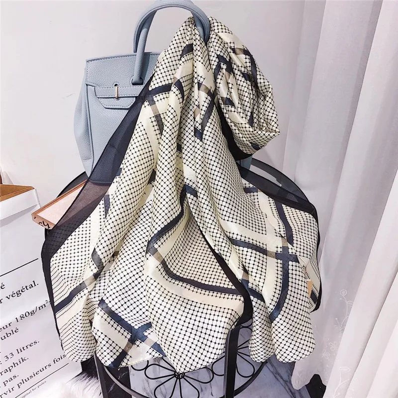 Oblique plaid Summer bufanda mujer Thin Sunscreen women Scarf Female Beach wheel print Simulation Silk foulard hijab Shawl |