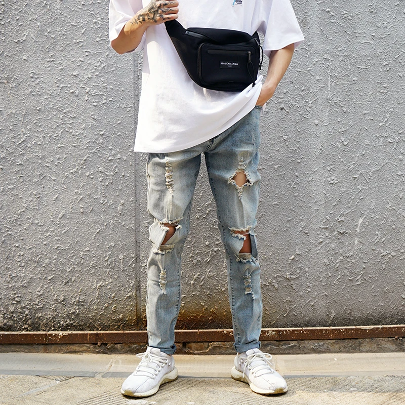 Мода Разработанный Slim Fit рваные байкерские джинсы Привет-улица Для мужчин s Distressed Denim Joggers отверстия на коленях мыть Уничтожено джинсы для мужчин брюки