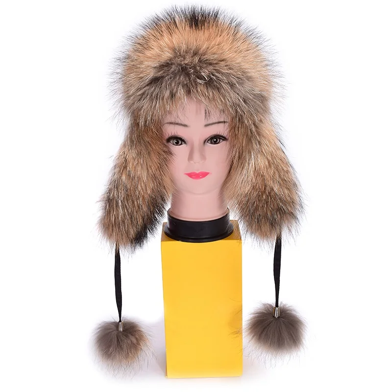 Luxury Winter Ladies' Genuine Real Raccoon Fur Bomber Hat Women's Fur Cap Headgear VF7027