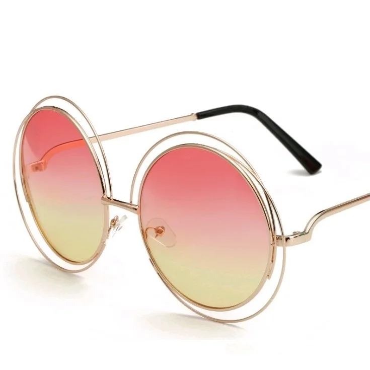 Gold - Pink Yellow Новейшие круглые негабаритные солнцезащитные очки для женщин, зеркальные солнцезащитные очки для вождения, женские солнцезащитные очки с большой оправой, солнцезащитные очки с градиентными линзами Oculos De Sol - Цвет линз: Gold - Pink Yellow