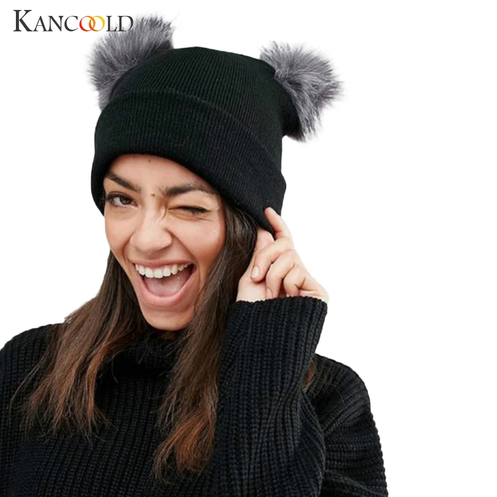 Женская вязаная шапка KANCOOLD с двойным искусственным мехом шапочка помпоном