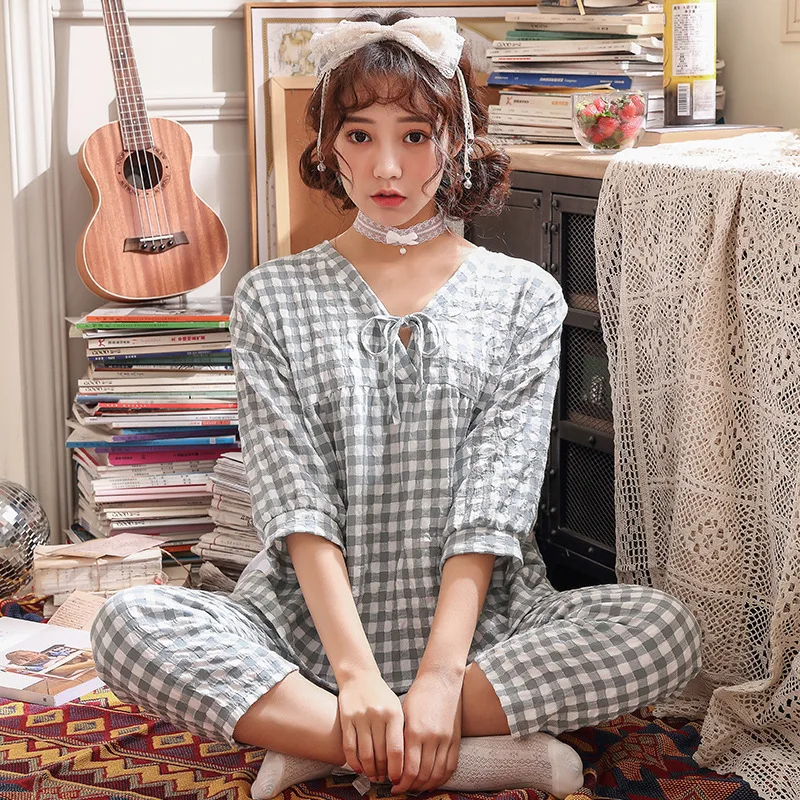 Женская пижама комплект из 2 предметов в клетку пижамы три четверти рукав