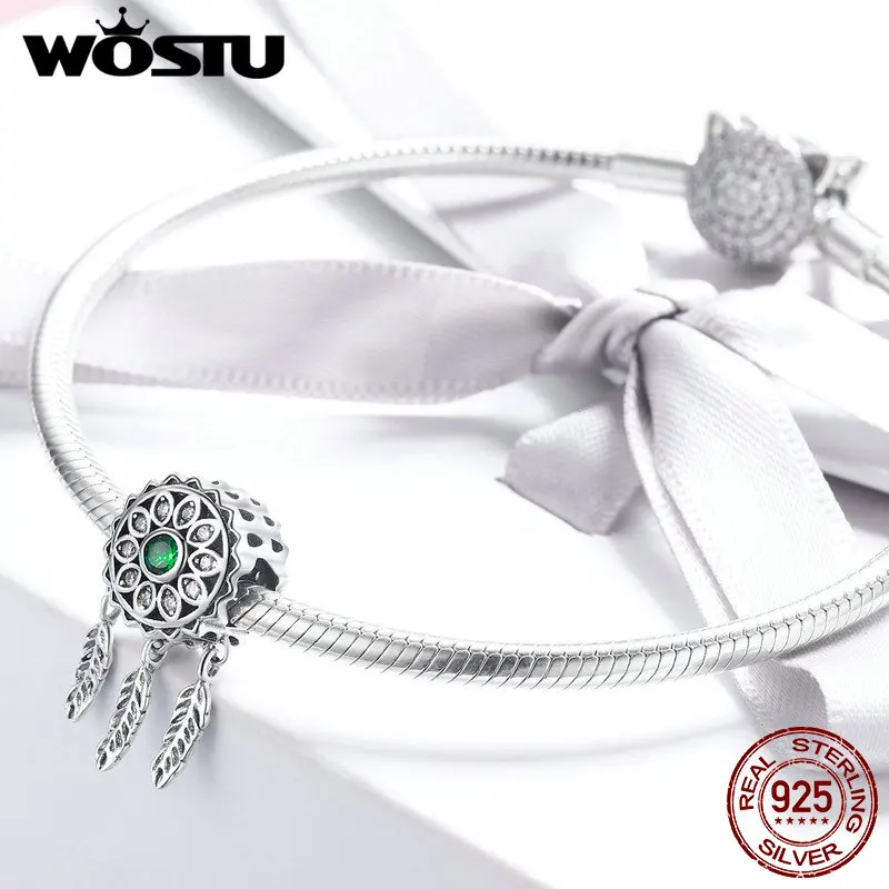 WOSTU,, 925 пробы, серебряный, Богемия, мечта, Круглый, Ловец, бусины, шарм, подходит для женщин, браслет, ожерелье, модное ювелирное изделие, подарок CQC893