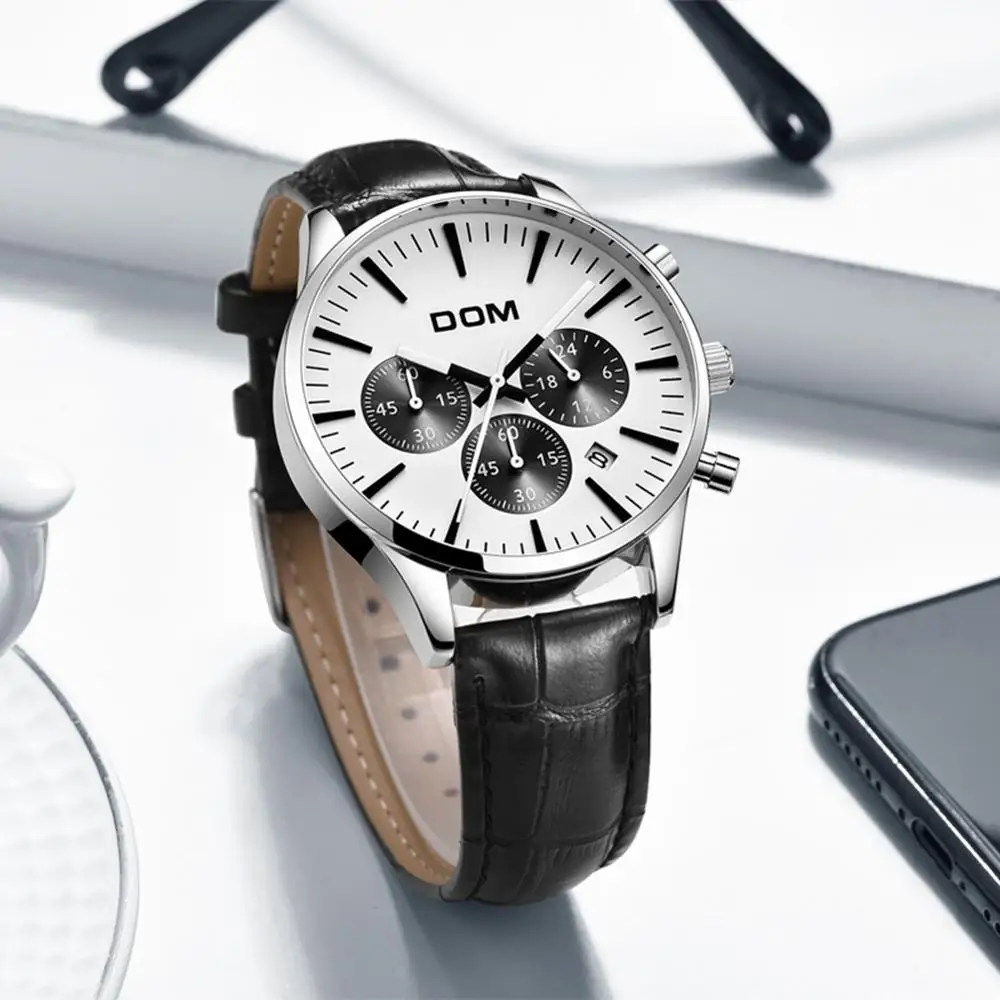 DOM Топ бренд Роскошные мужские черные повседневные часы водонепроницаемые