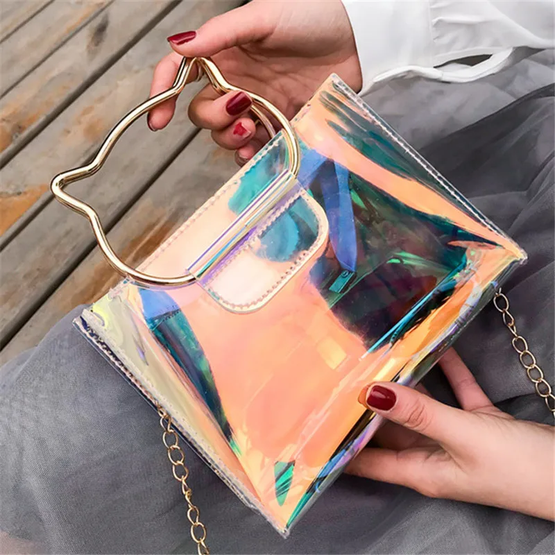 2018 Новый Cat прозрачный для девочек-подростков Crossbody сумка Голограмма блеск кожи