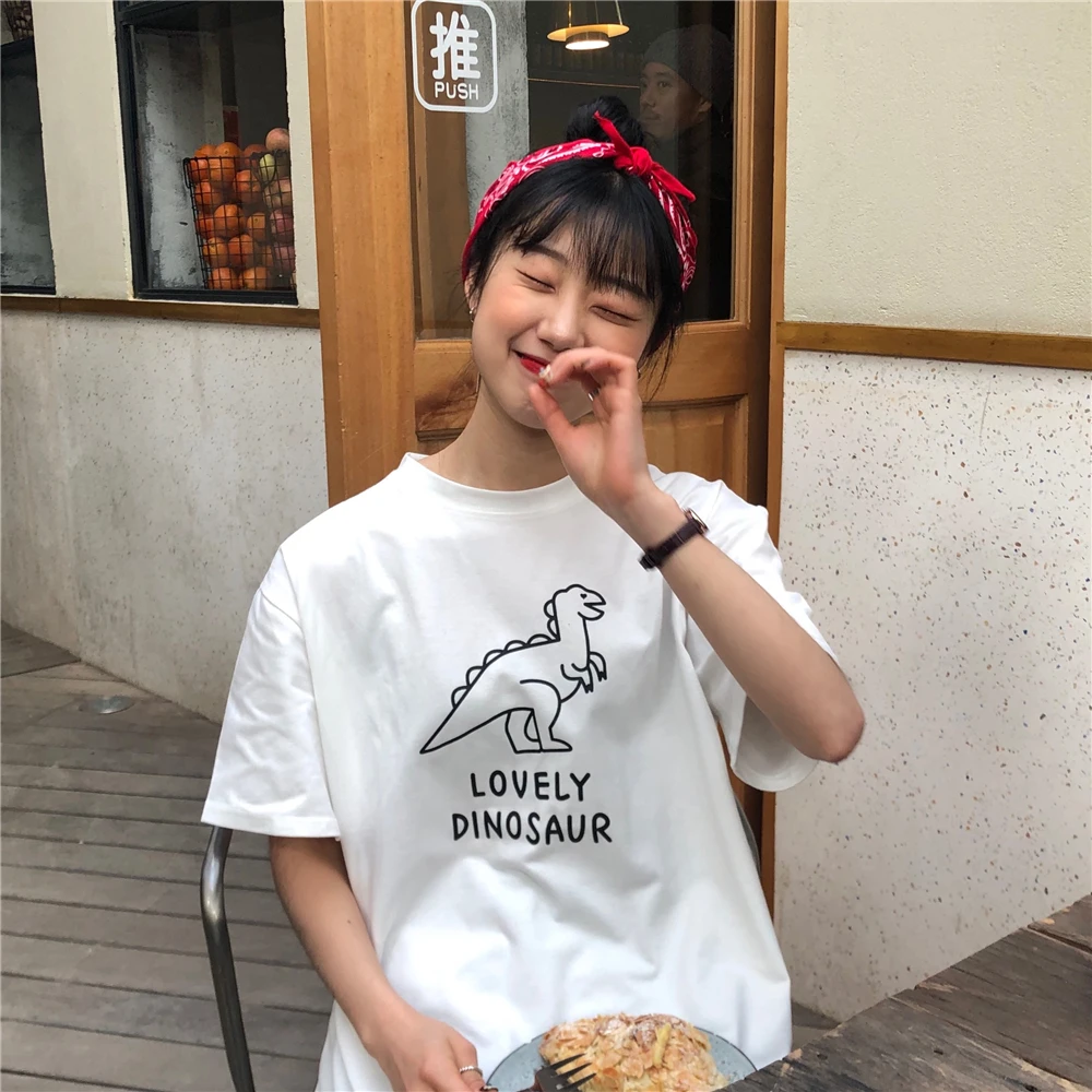 

New lovely dinosaur print ins cotton t shirt for woman brand short sleeve shirt Harajuku Graphic Tees Hipster Tumblr Cozy tops