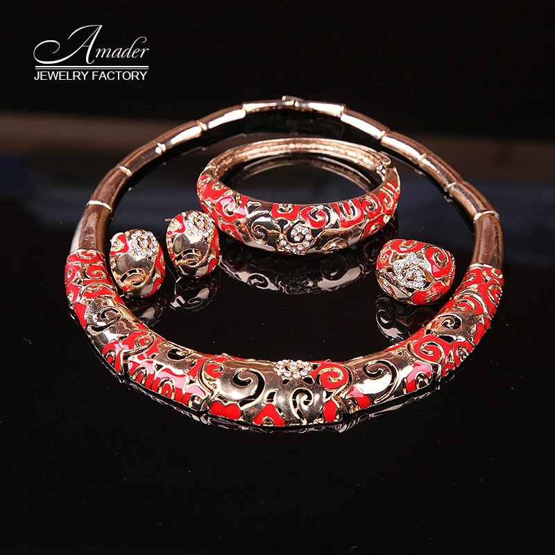 Necklace Bangle Stud Earrings Finger Ring Statement Jewelry Sets Luxury Vintage Gold color Rhinestone Red Flower Pattern Collar | Украшения