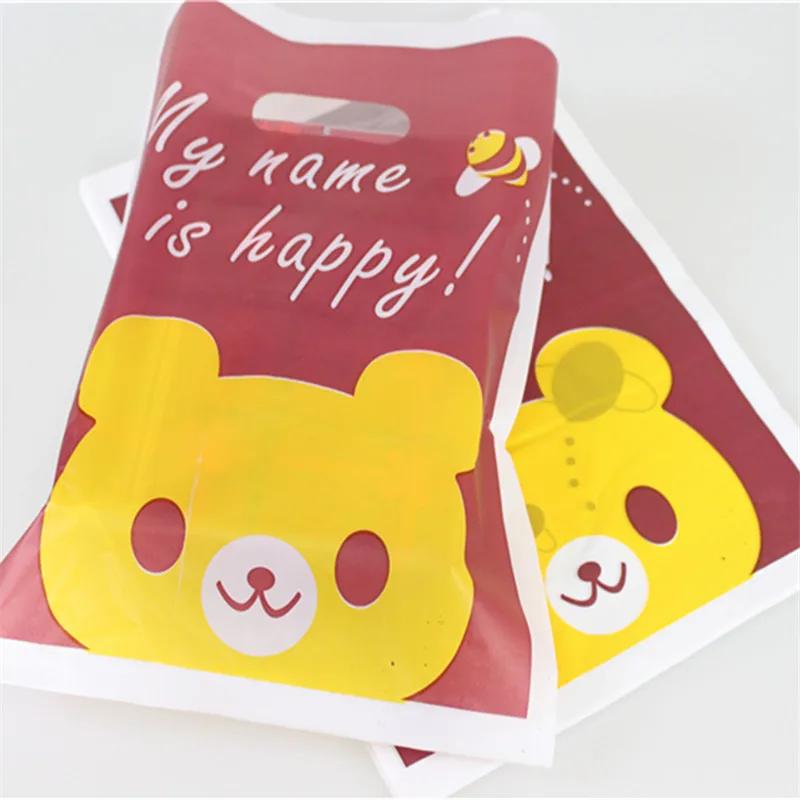 

New Design Wholesale 100pcs/lot 25*35cm Lovely Bear My Name is Happy Large Plastic Christmas Gift Packaging Bags
